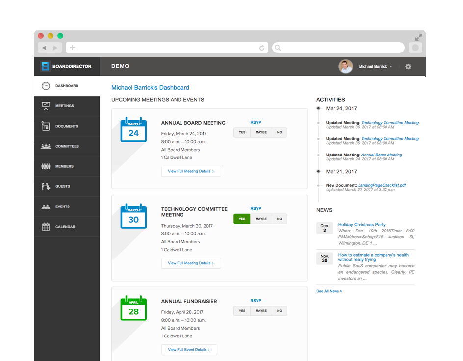 Meeting Dashboard for Board Director's Board Portla for non-profits